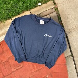 Pull Bear Sweatshirt Women M "Los Angeles" Blue Crop‎ Y2K Crew Pullover Comfy